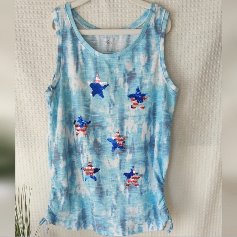 So Girls Light Blue Tie Dye 4th of July Sequins Stars Sleeveless Size XL(4/16)💰